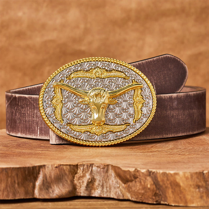 Men's Gold & Silver Longhorn Bullhead Oval Buckle Leather Belt - Brown Distressed Belt - 42 - image 5