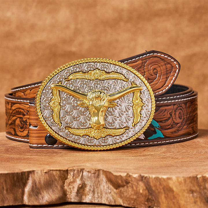 Men's Gold & Silver Longhorn Bullhead Oval Buckle Leather Belt - Brown Feather Belt - 40 - image 7