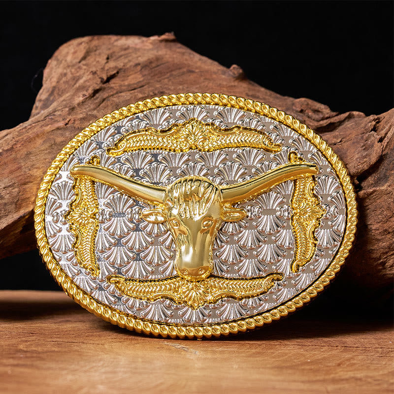 Men's Gold & Silver Longhorn Bullhead Oval Buckle Leather Belt - Without Belt - Not Included Belt - image 0