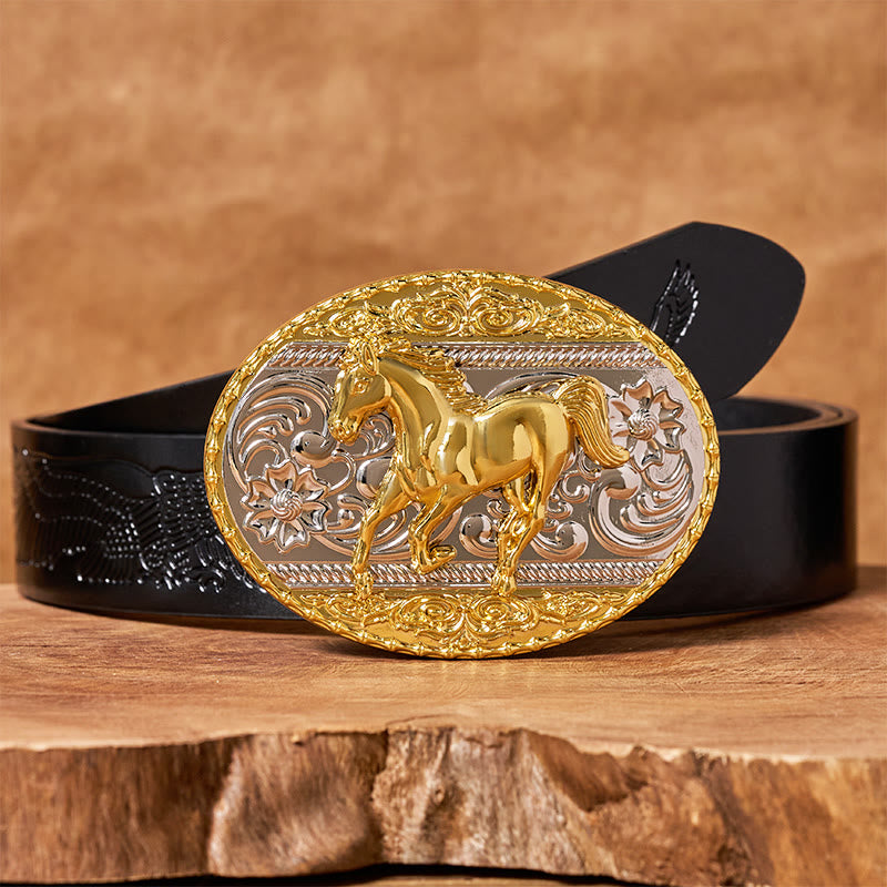 Men's Gold & Silver Galloping Horse Oval Buckle Leather Belt - Black Embossed Eagle Belt - 42 - image 2