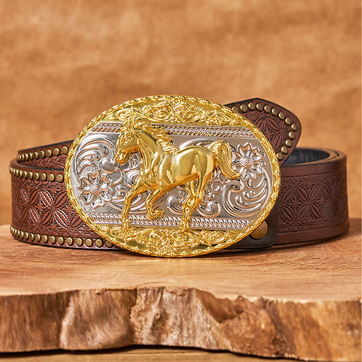 Men's Gold & Silver Galloping Horse Oval Buckle Leather Belt - Brown Rivet Belt - 42 - image 4