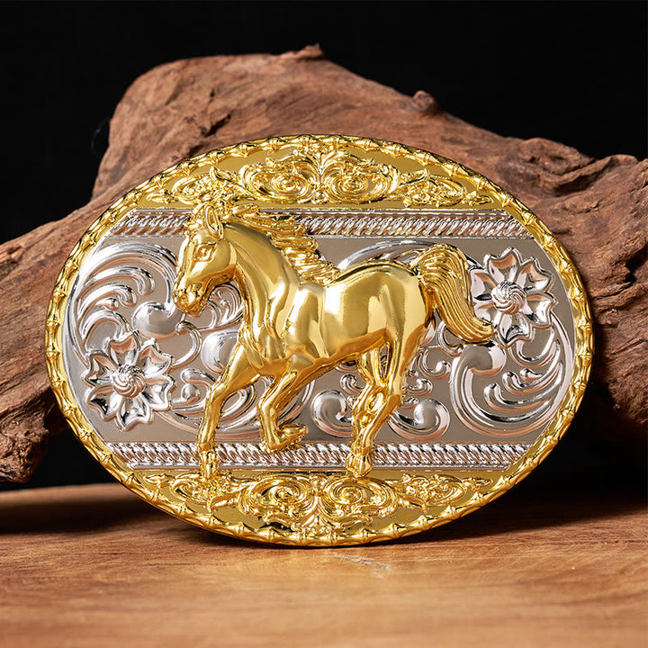 Men's Gold & Silver Galloping Horse Oval Buckle Leather Belt - Without Belt - Not Included Belt - image 0