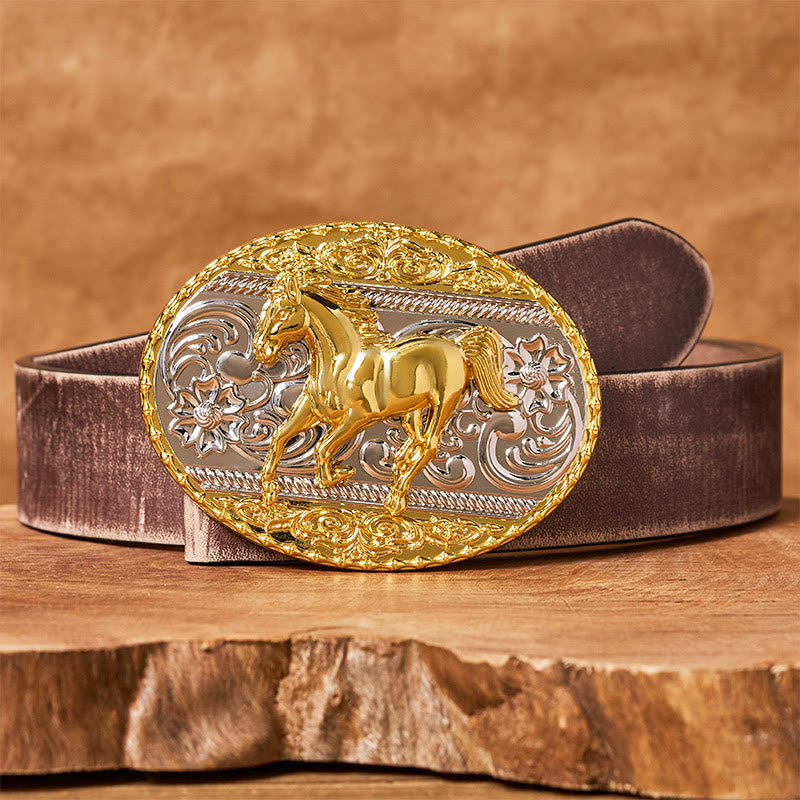 Men's Gold & Silver Galloping Horse Oval Buckle Leather Belt - Brown Distressed Belt - 42 - image 5