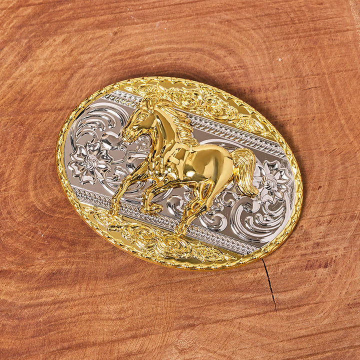 Men's Gold & Silver Galloping Horse Oval Buckle Leather Belt - image 1