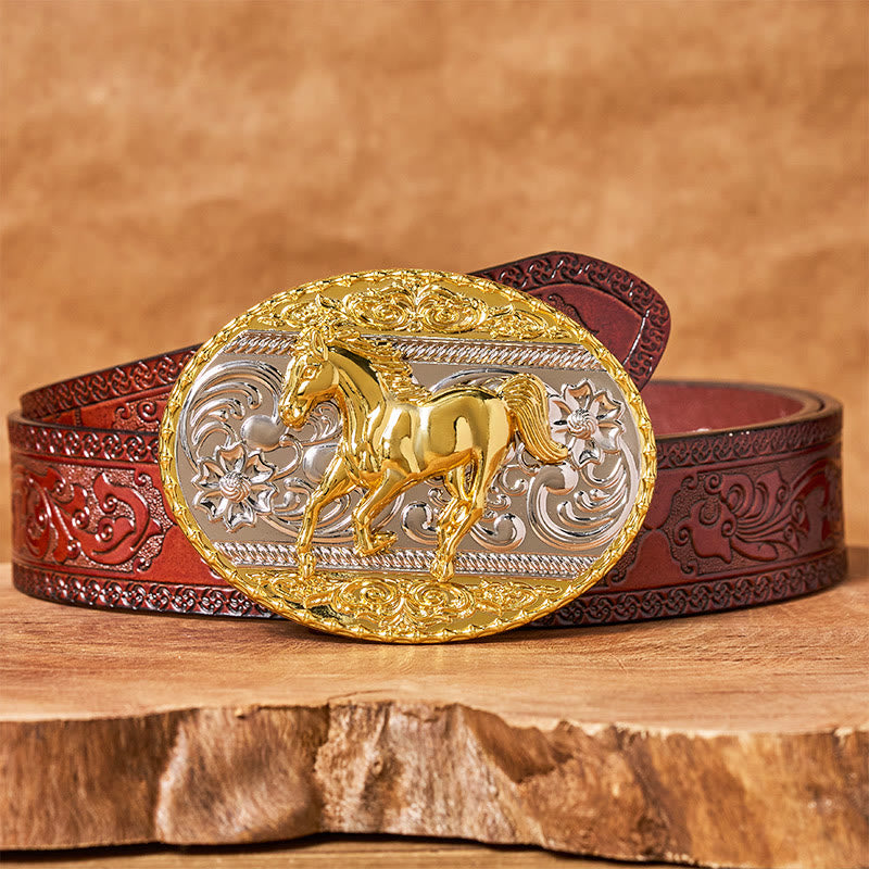 Men's Gold & Silver Galloping Horse Oval Buckle Leather Belt - Brown Carved Belt - 42 - image 6