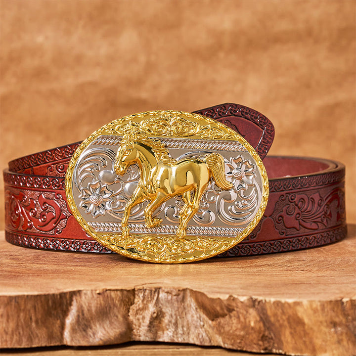 Men's Gold & Silver Galloping Horse Oval Buckle Leather Belt - Brown Carved Belt - 42 - image 6