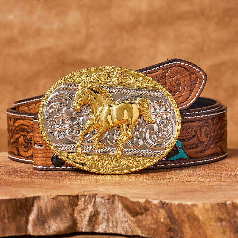 Men's Gold & Silver Galloping Horse Oval Buckle Leather Belt - Brown Feather Belt - 40 - image 7