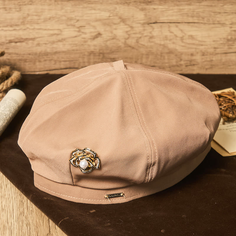 Women's Retro Black Rose Pearl Summer Beret Hat - Khaki - Adjustable (21 5/8"-23 1/4") - image 0