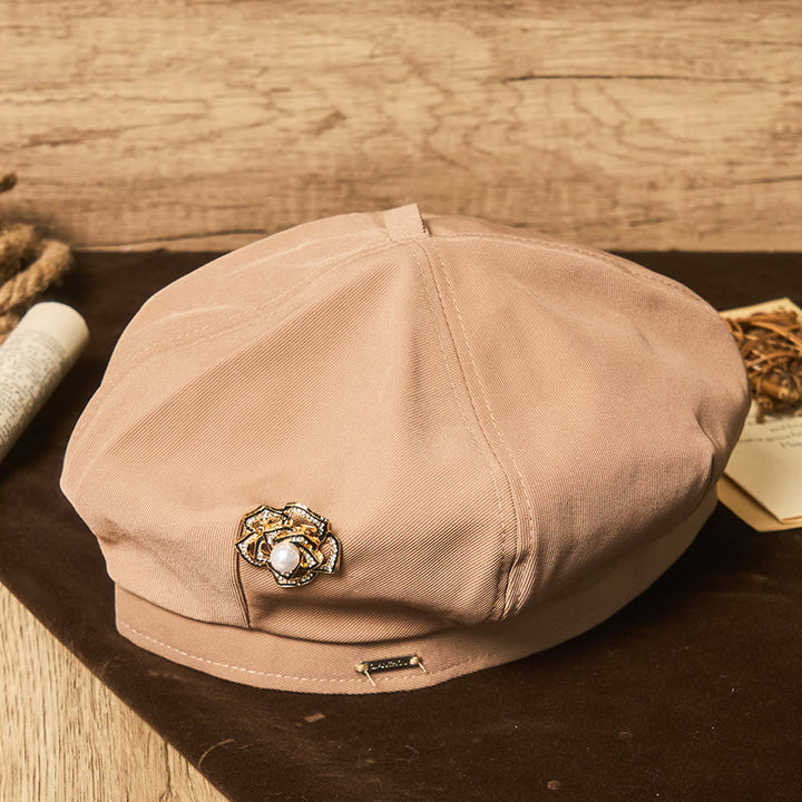Women's Retro Black Rose Pearl Summer Beret Hat - Khaki - Adjustable (21 5/8"-23 1/4") - image 0