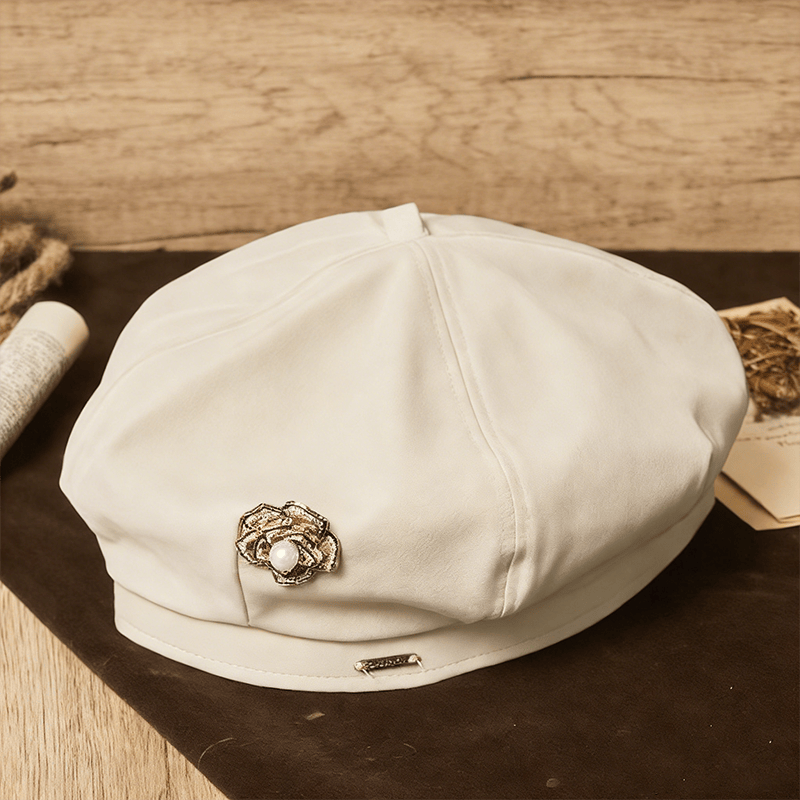 Women's Retro Black Rose Pearl Summer Beret Hat - Beige - Adjustable (21 5/8"-23 1/4") - image 5