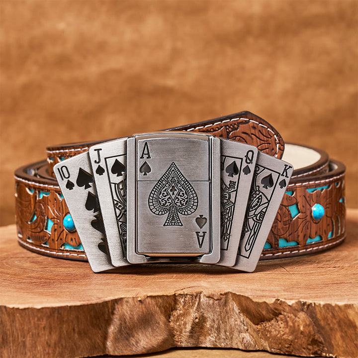 Men's DIY Poker Flush Leather Belt with Hidden Lighter - Poker - Turquoise Carved Belt - 42 - image 6