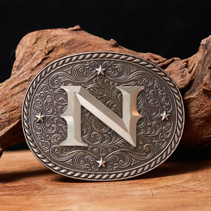 Men's Timeless DIY Initial Letter Silver Buckle Leather Belt - N - Without Belt - image 0