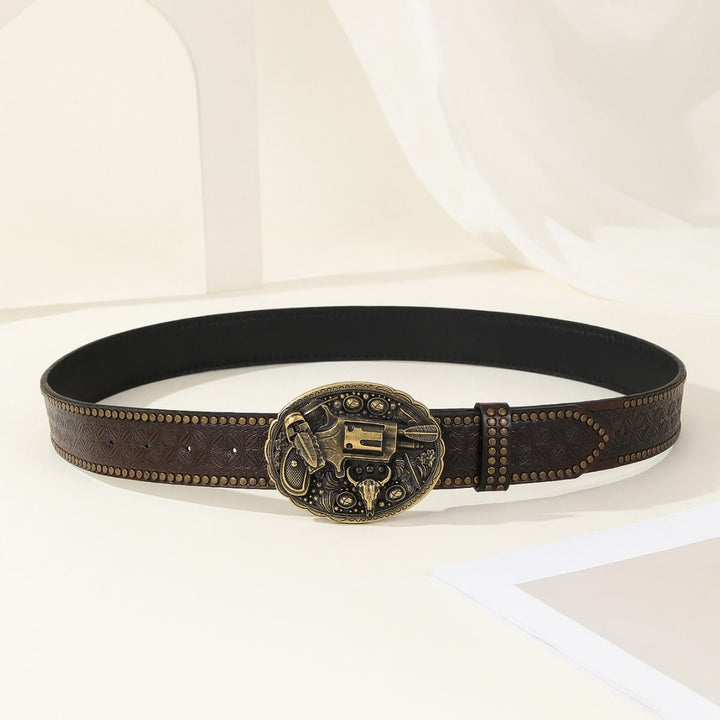 Men's Retro Carved Gun And Bull Skull Emblem Leather Belt - image 2