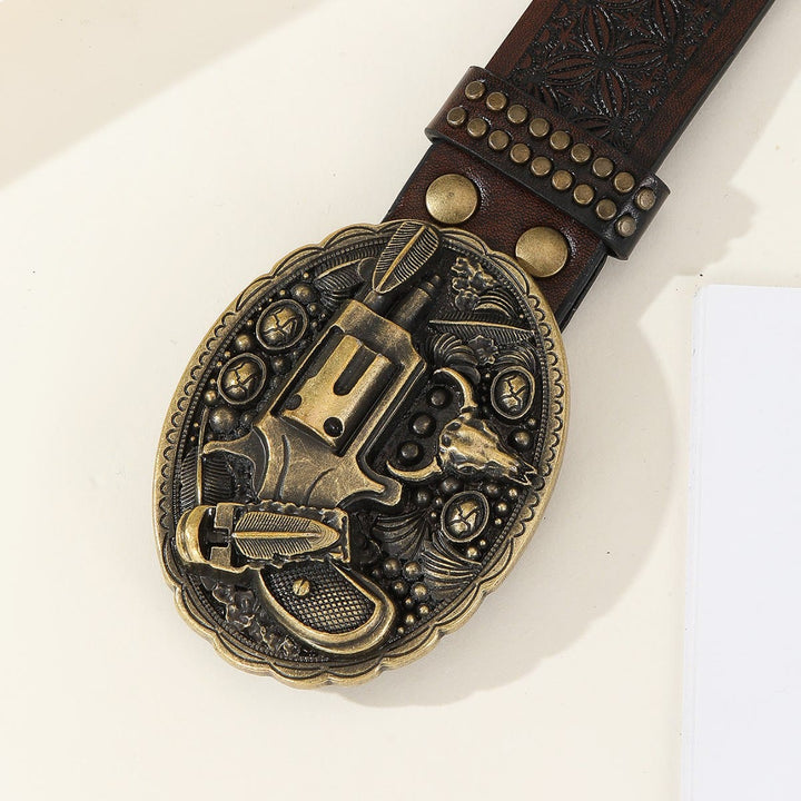 Men's Retro Carved Gun And Bull Skull Emblem Leather Belt - image 1
