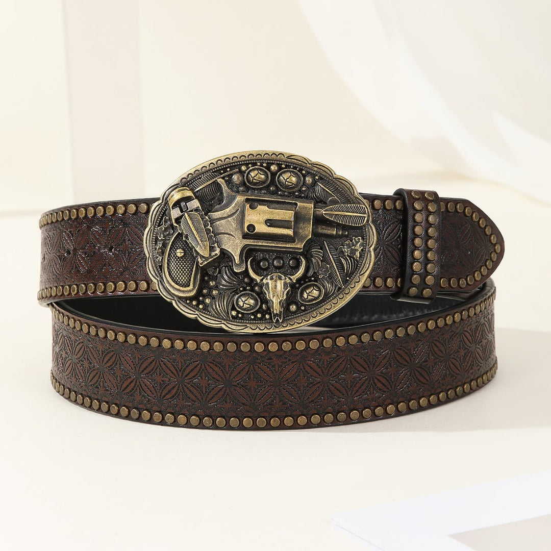 Men's Retro Carved Gun And Bull Skull Emblem Leather Belt - Coffee - 44 - image 0