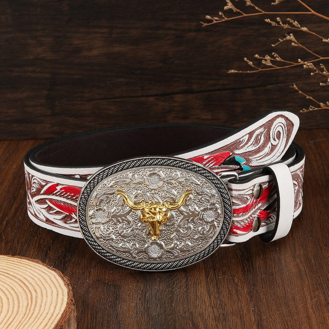 Men's Western Style Two Tone Bull Skull Emblem Leather Belt - White - 46 - image 0