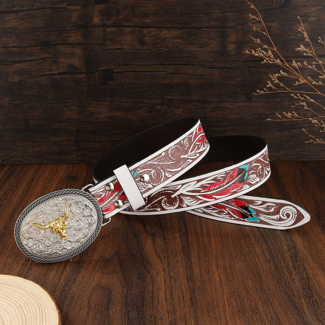 Men's Western Style Two Tone Bull Skull Emblem Leather Belt - image 2