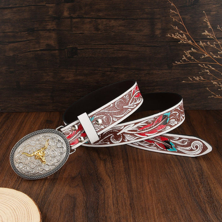 Men's Western Style Two Tone Bull Skull Emblem Leather Belt - image 2