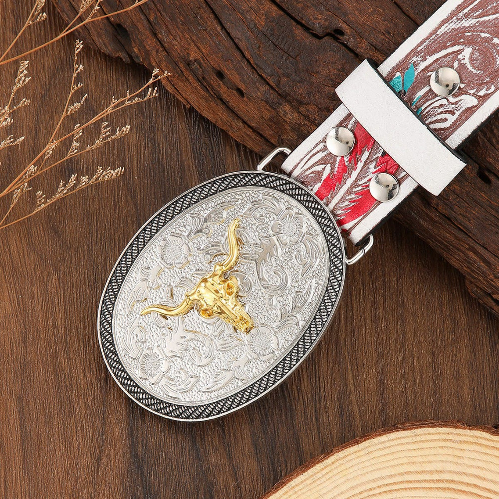 Men's Western Style Two Tone Bull Skull Emblem Leather Belt - image 1