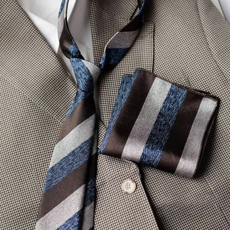 Men's Classic Striped Textured Necktie And Pocket Square Set - Blue and Brown - image 0