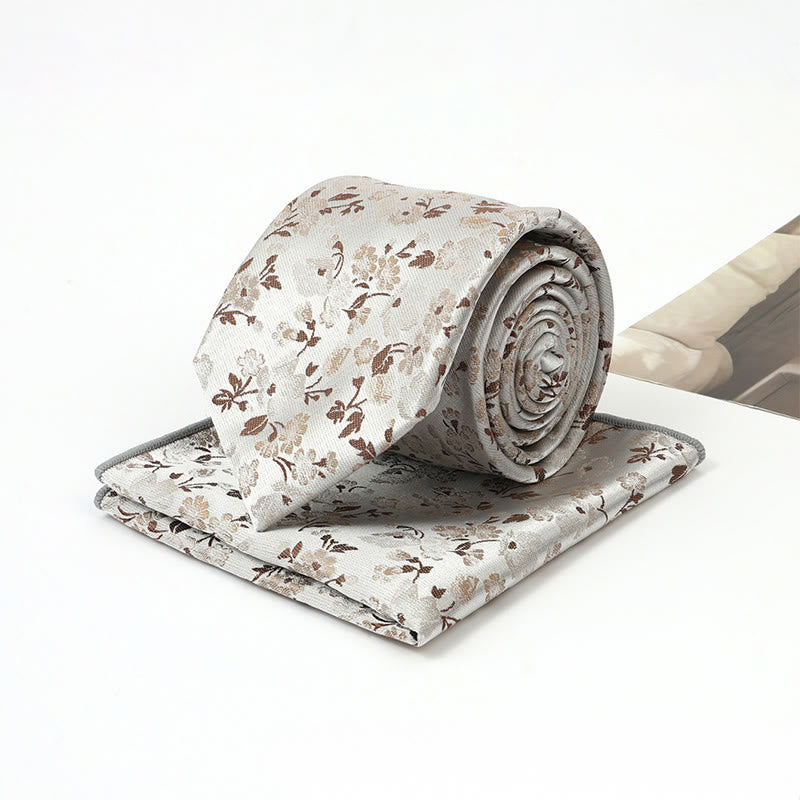 Men's Neutral Floral Jacquard Necktie And Pocket Square Set - Silver - image 8