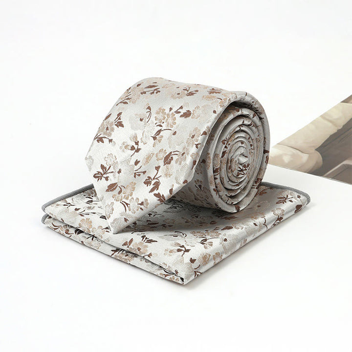 Men's Neutral Floral Jacquard Necktie And Pocket Square Set - Silver - image 8