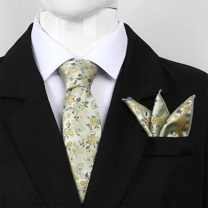 Men's Neutral Floral Jacquard Necktie And Pocket Square Set - Green - image 6