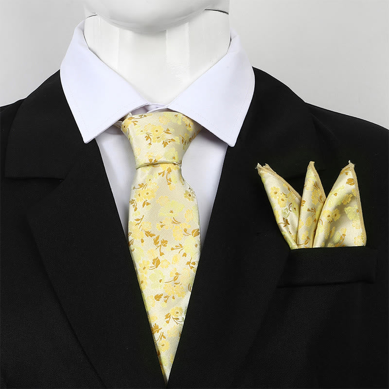 Men's Neutral Floral Jacquard Necktie And Pocket Square Set - Yellow - image 4