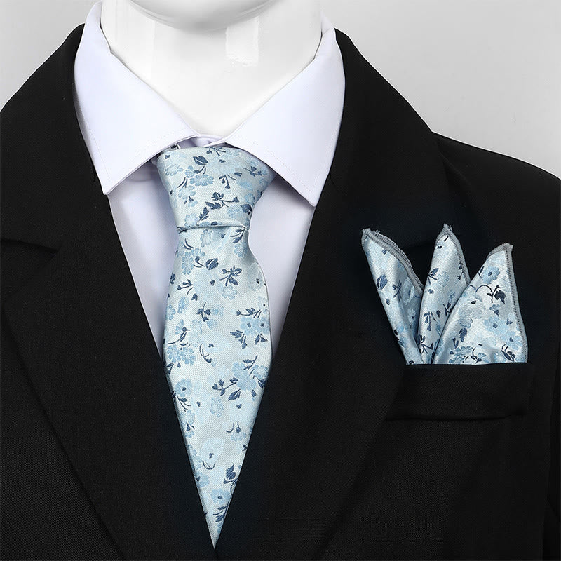 Men's Neutral Floral Jacquard Necktie And Pocket Square Set - Light Blue - image 0