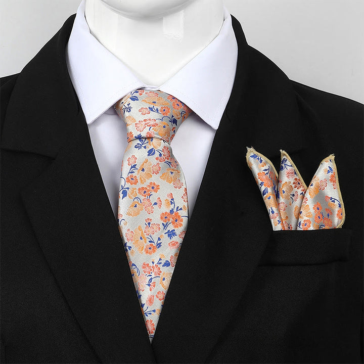 Men's Neutral Floral Jacquard Necktie And Pocket Square Set - Orange - image 2
