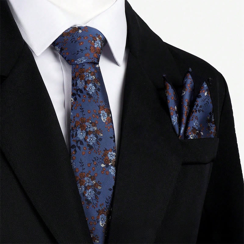 Men's Vintage Floral Jacquard Necktie And Pocket Square Set - Blue - image 0