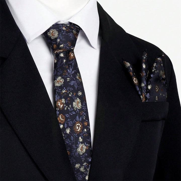 Men's Vintage Floral Jacquard Necktie And Pocket Square Set - Black - image 3