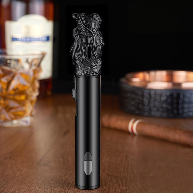 Dragon Head Relief Straight Flame Butane Lighter - Black - image 3