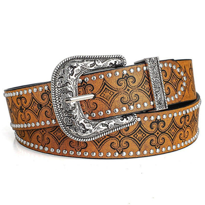 Western Pattern Decorative Buckle Leather Belt - Khaki - 36 - image 1