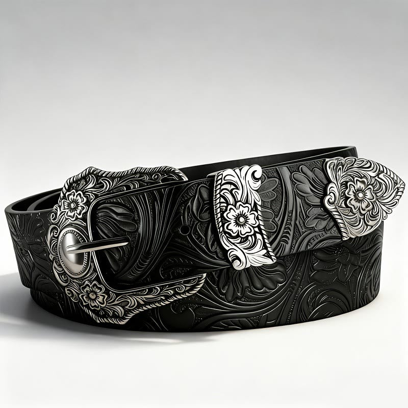 Floral Embossed Decorative Buckle Leather Belt - Black - 46 - image 1