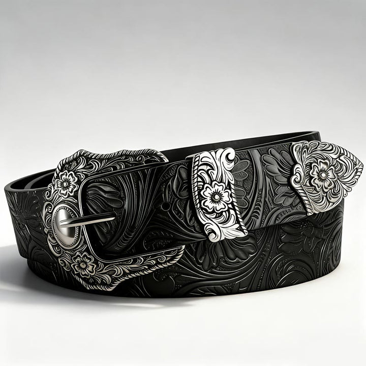 Floral Embossed Decorative Buckle Leather Belt - Black - 46 - image 1