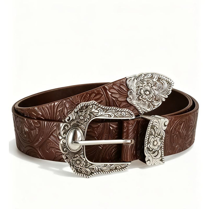Floral Embossed Decorative Buckle Leather Belt - Coffee - 46 - image 0
