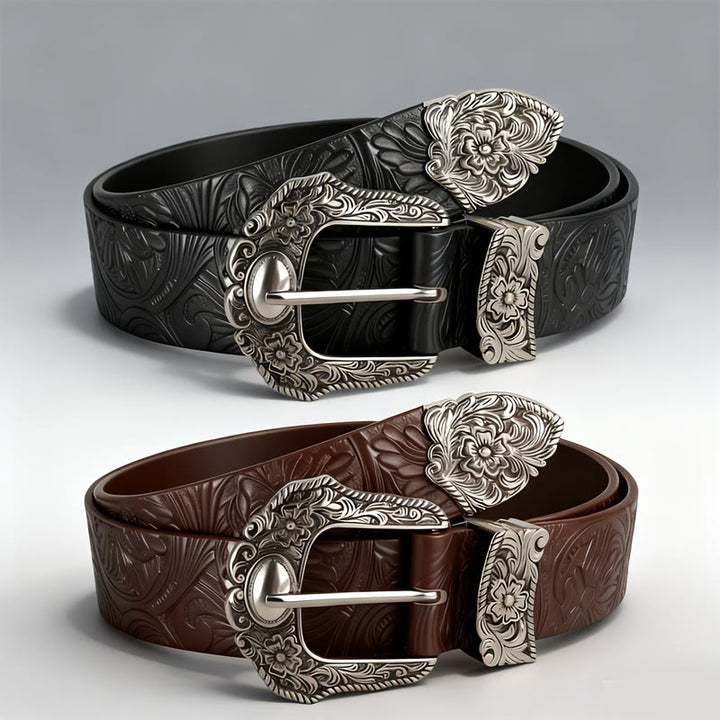 Floral Embossed Decorative Buckle Leather Belt - image 3