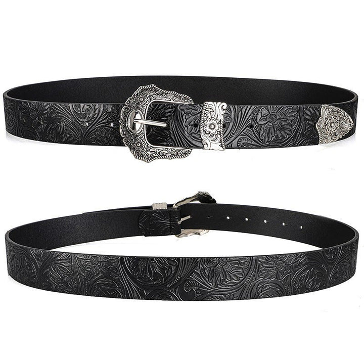Floral Embossed Decorative Buckle Leather Belt - image 2
