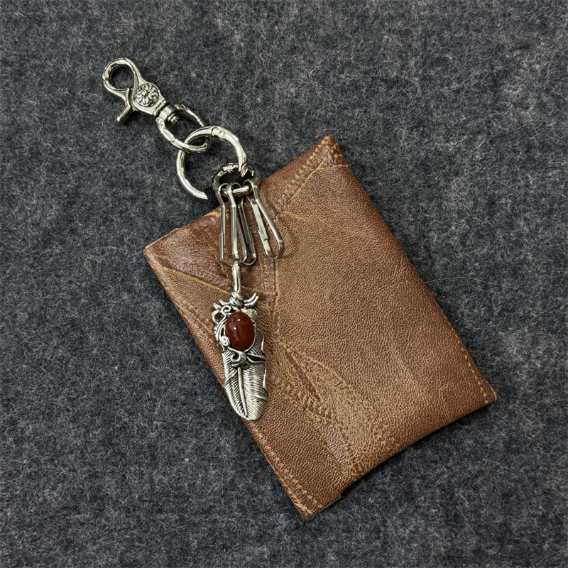 Vintage Chain Pendant Leather Card Holder Wallet - Brown - image 2