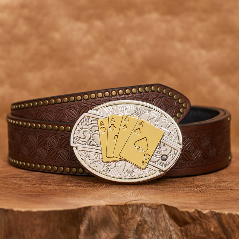 Men's DIY Gold & Silver Poker Hidden Folding Knife Buckle Leather Belt - Longhorn - Brown Rivet Belt - 42 - image 6