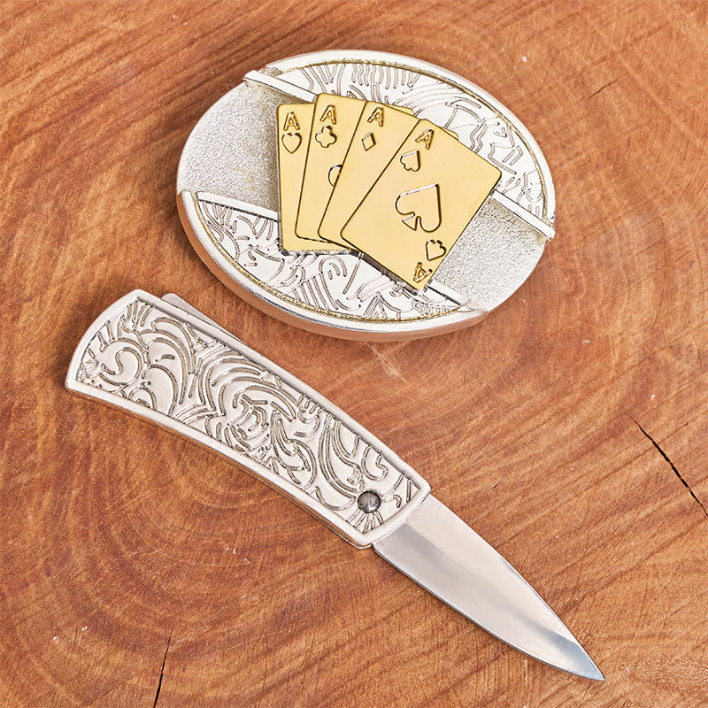 Men's DIY Gold & Silver Poker Hidden Folding Knife Buckle Leather Belt - image 1