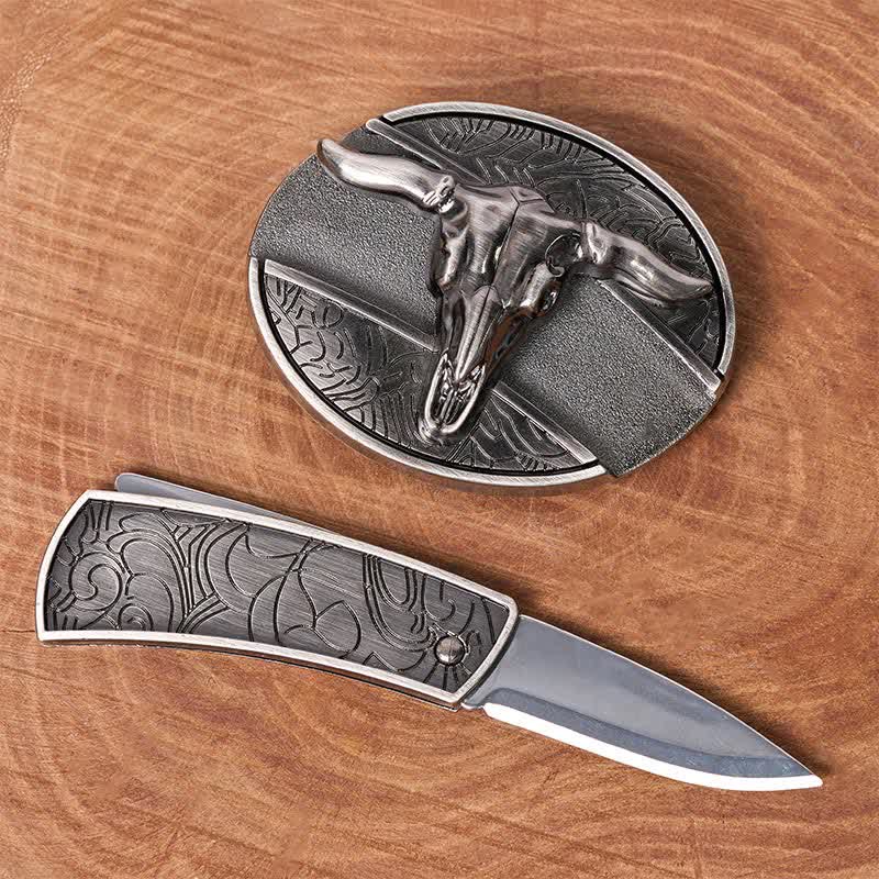 Men's DIY Rodeo Bull Hidden Folding Knife Buckle Leather Belt - image 1