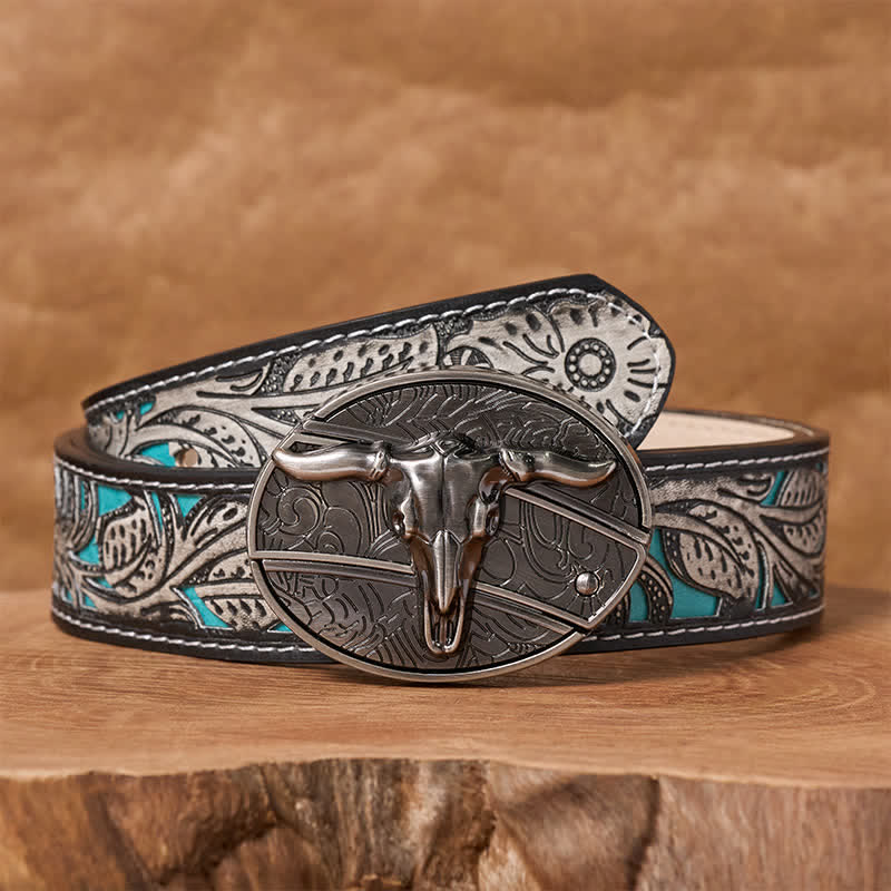 Men's DIY Rodeo Bull Hidden Folding Knife Buckle Leather Belt - Longhorn - Gray Floral Belt - 42 - image 8