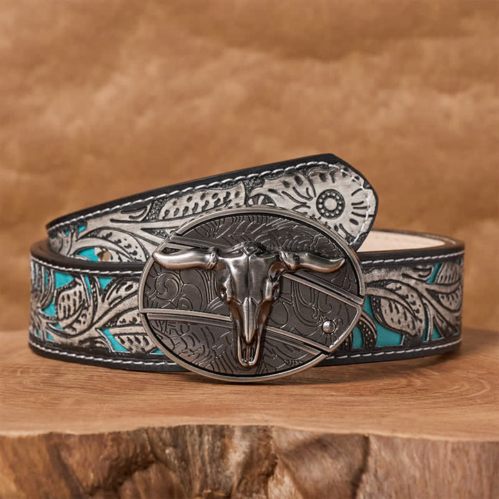 Men's DIY Rodeo Bull Hidden Folding Knife Buckle Leather Belt - Longhorn - Gray Floral Belt - 42 - image 8