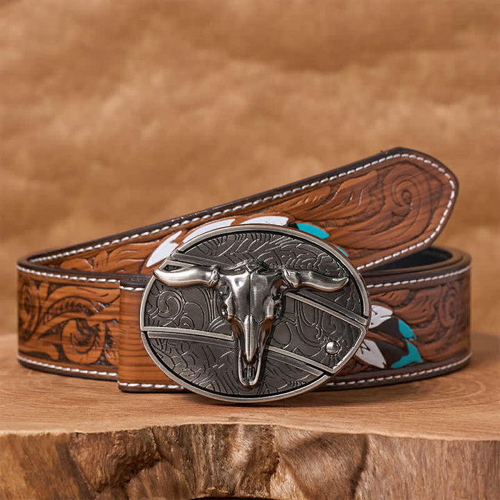 Men's DIY Rodeo Bull Hidden Folding Knife Buckle Leather Belt - Longhorn - Brown Feather Belt - 40 - image 7