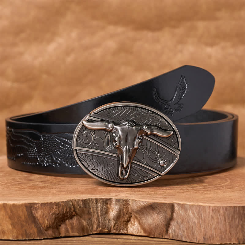 Men's DIY Rodeo Bull Hidden Folding Knife Buckle Leather Belt - Longhorn - Black Embossed Eagle Belt - 42 - image 3