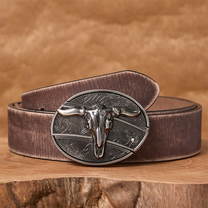 Men's DIY Rodeo Bull Hidden Folding Knife Buckle Leather Belt - Longhorn - Brown Distressed Belt - 42 - image 5
