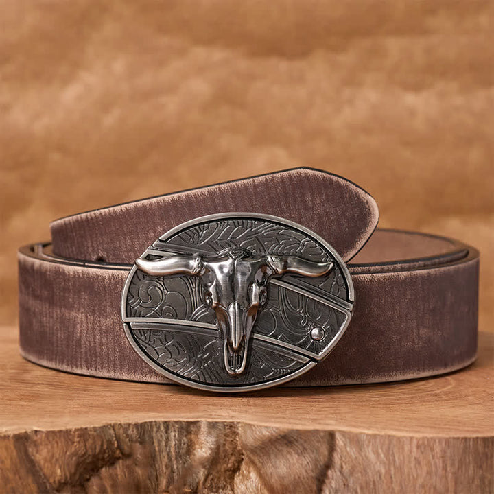 Men's DIY Rodeo Bull Hidden Folding Knife Buckle Leather Belt - Longhorn - Brown Distressed Belt - 42 - image 5