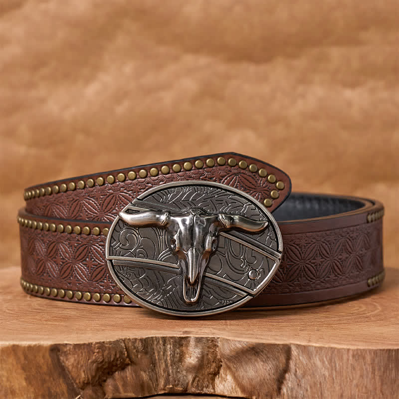 Men's DIY Rodeo Bull Hidden Folding Knife Buckle Leather Belt - Longhorn - Brown Rivet Belt - 42 - image 6